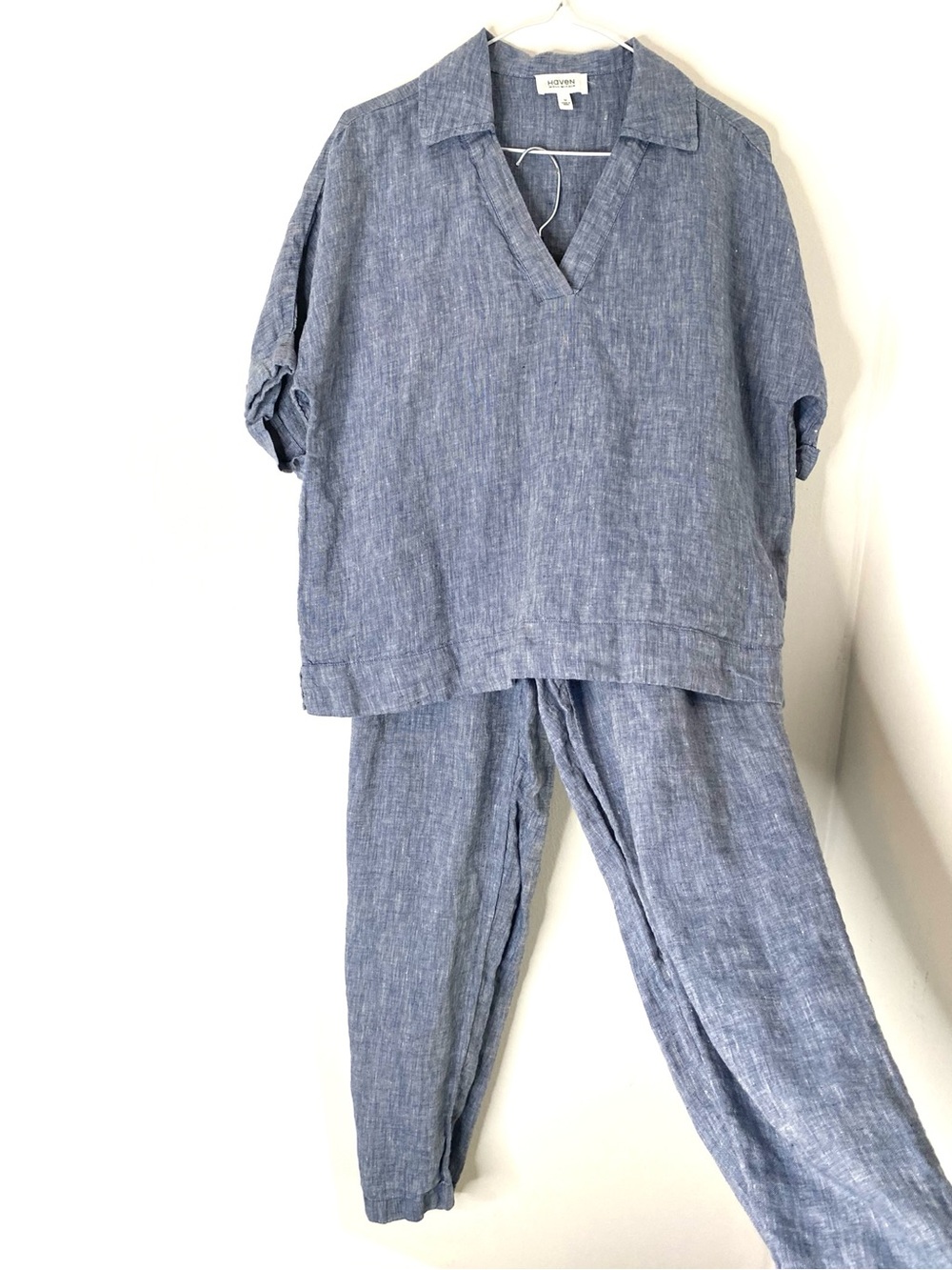 Haven Well Within 100% Linen Two Piece Set Blue Relaxed Tunic Top Pants